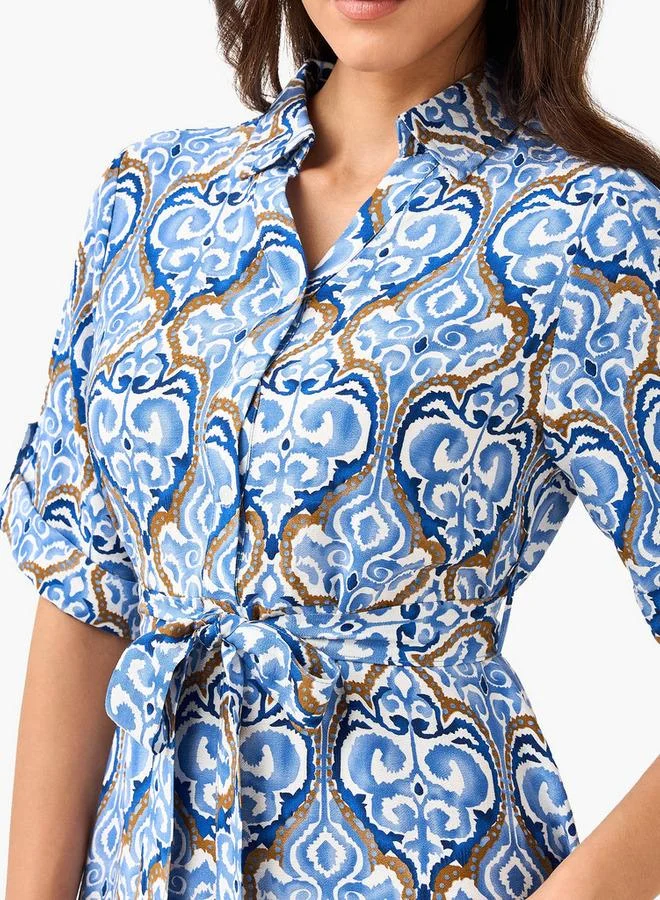 Splash FAV Belted Midi Shirt Dress with Printed Design
